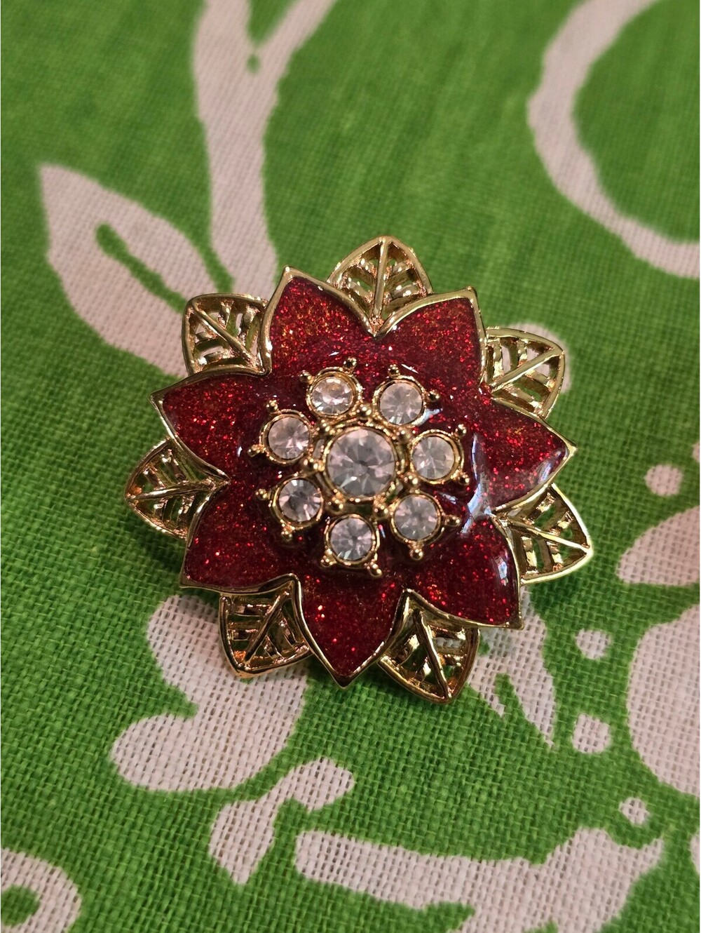 VTG AVON Poinsettia Christmas Red Enamel Goldtone Clear Rhinestone Post Earrings - Picture 5 of 7